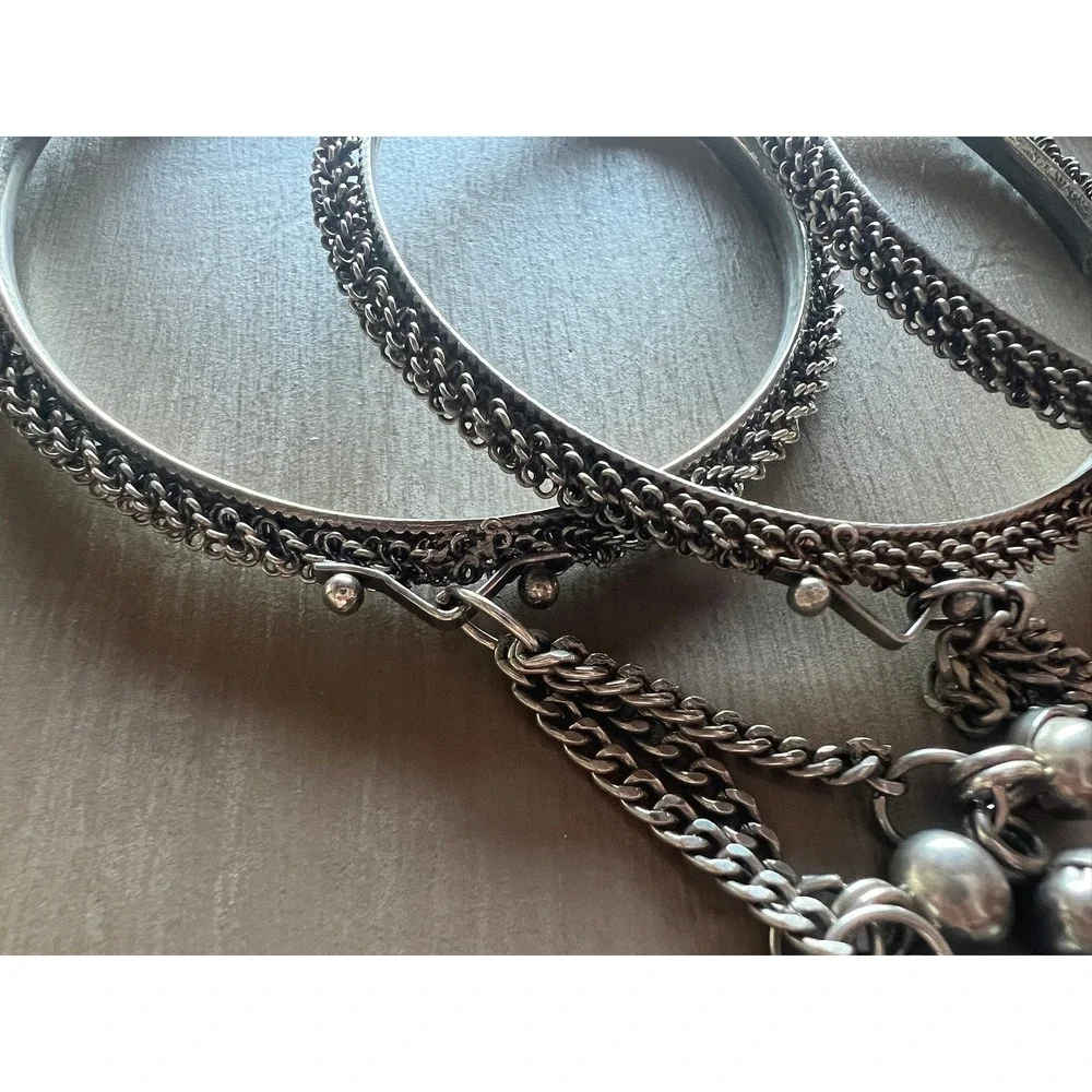 Bangle Bracelet Set 3pc Silver Tone Jingle Bell Charms Boho Ethnic Festival